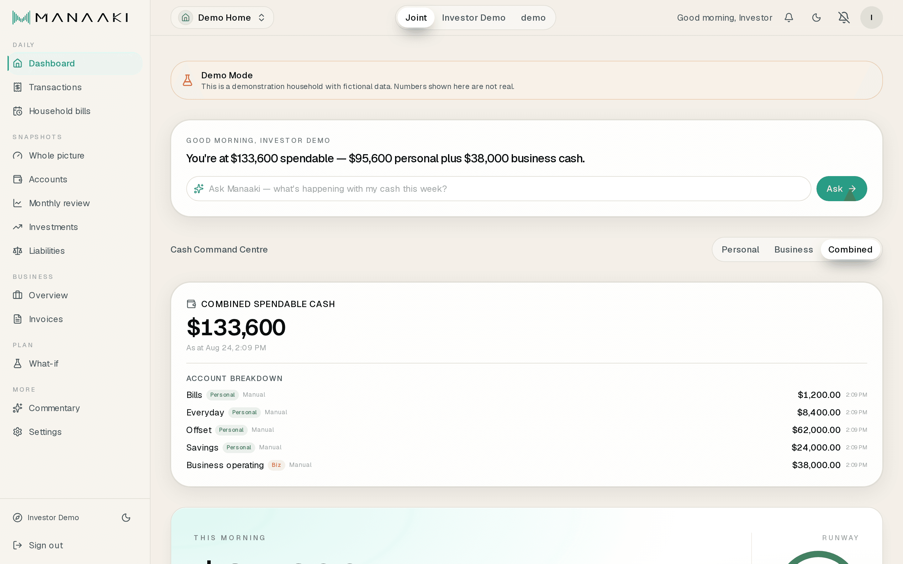 Manaaki dashboard showing combined personal and business cash of $133,600