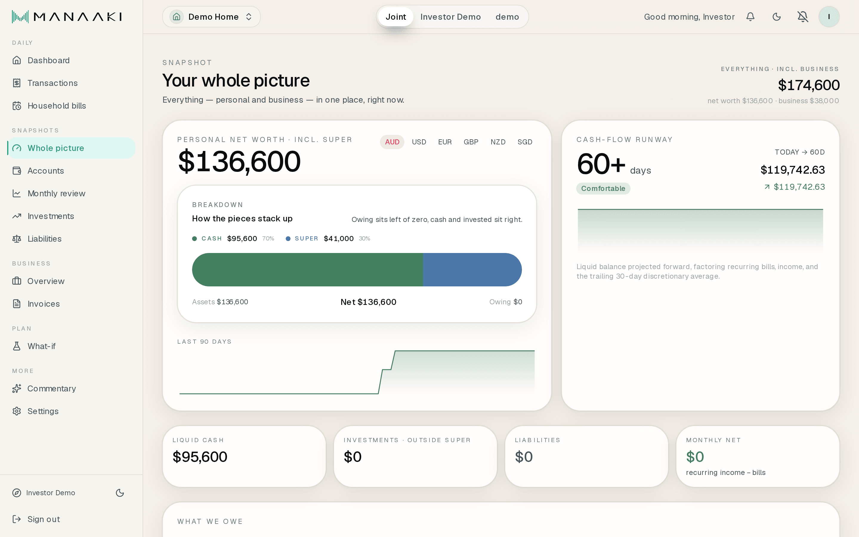 Manaaki whole picture view showing net worth across personal and business accounts
