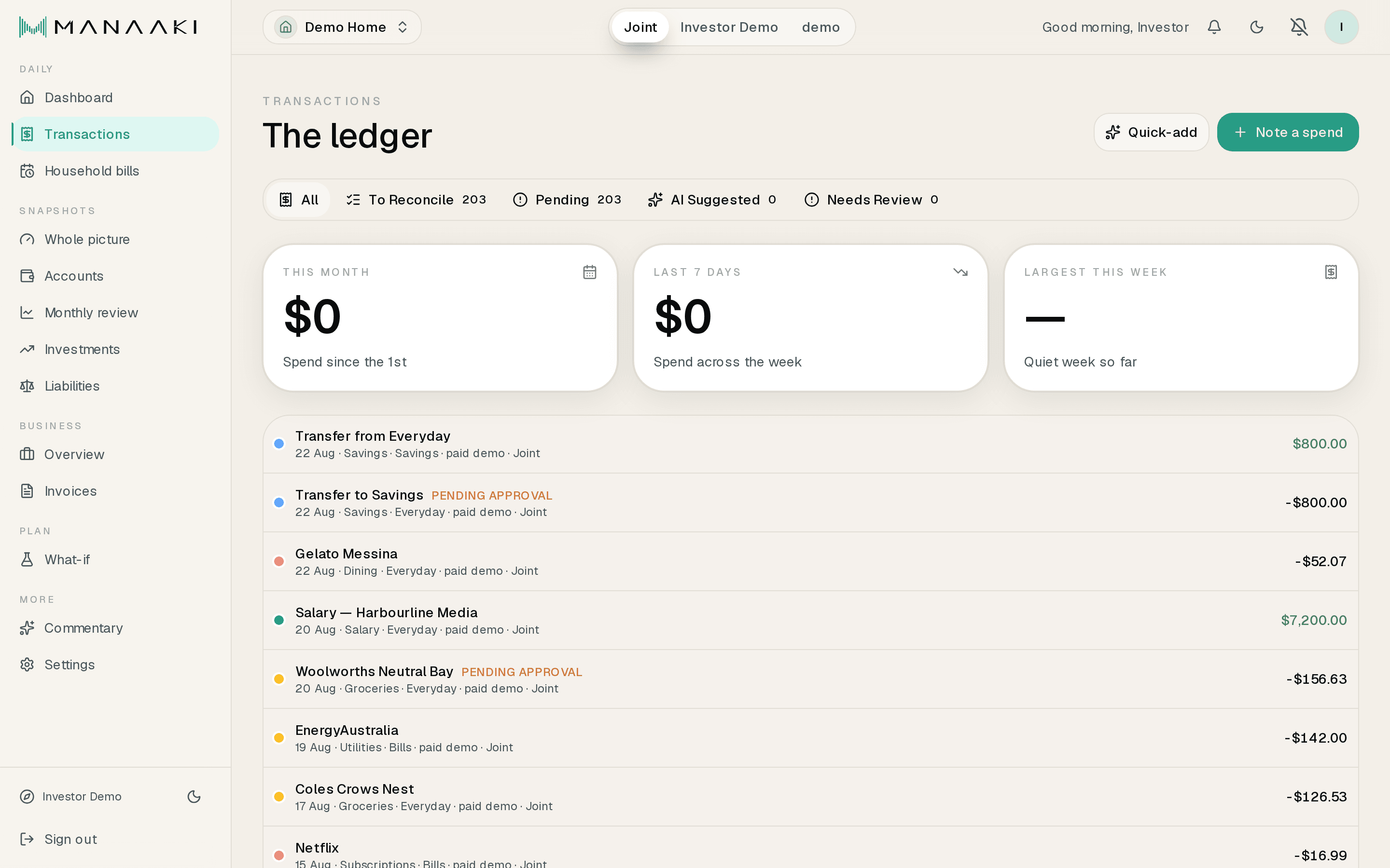Manaaki transactions ledger with categorised spending